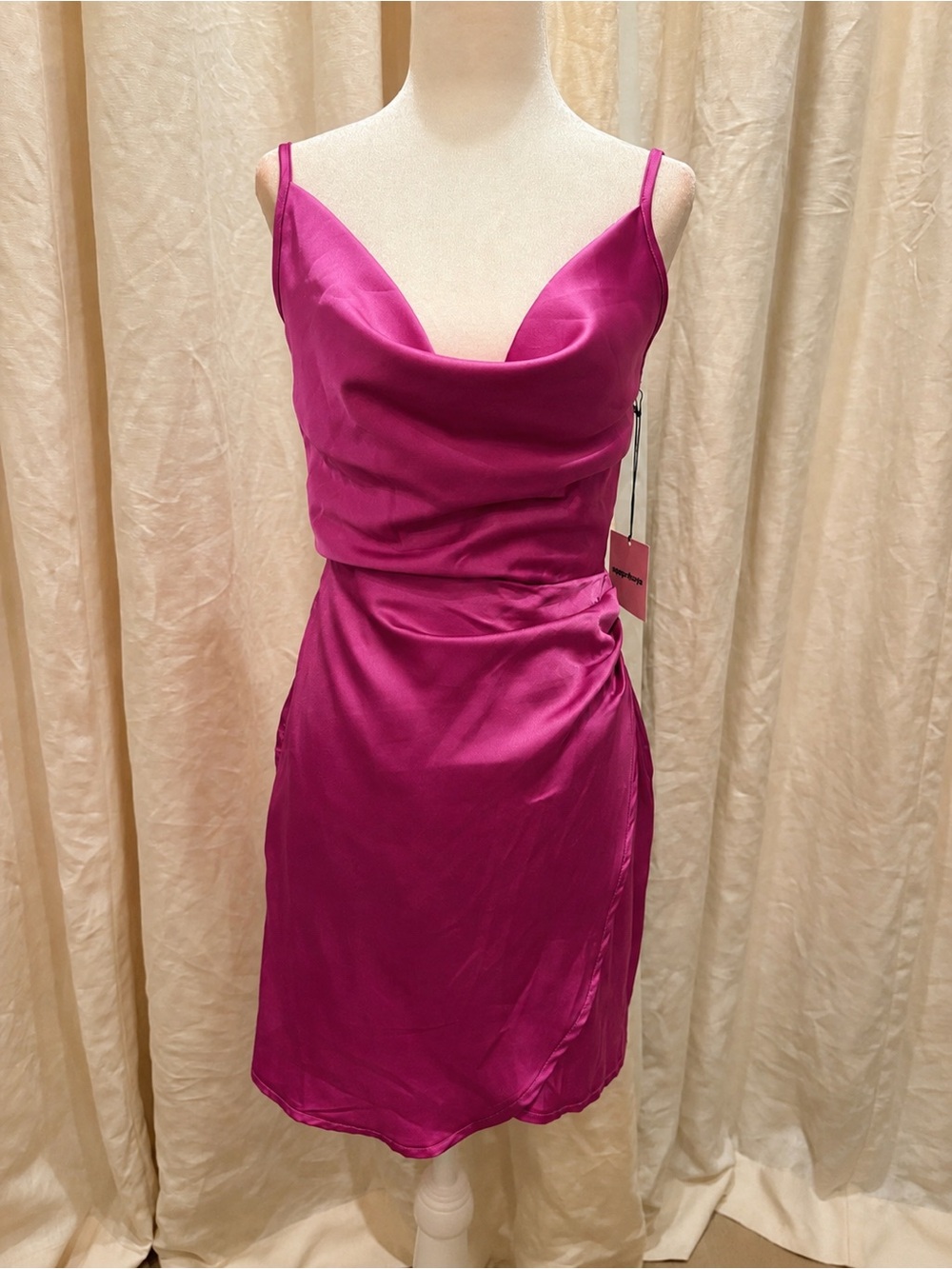 superdown Fuchsia Satin Cowl Neck Mini Dress